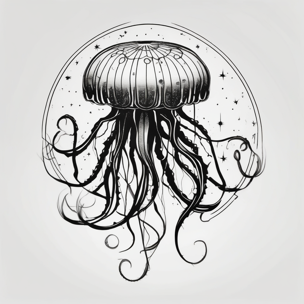 Small jellyfish with Scorpio Star constellation behind it, AI-generated 3d tattoo design
