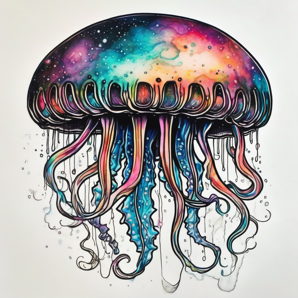 Jellyfish that consumes everything it encounters and send it to the void. It has the milky way in its bell, diseño de tatuaje negative space generado con IA