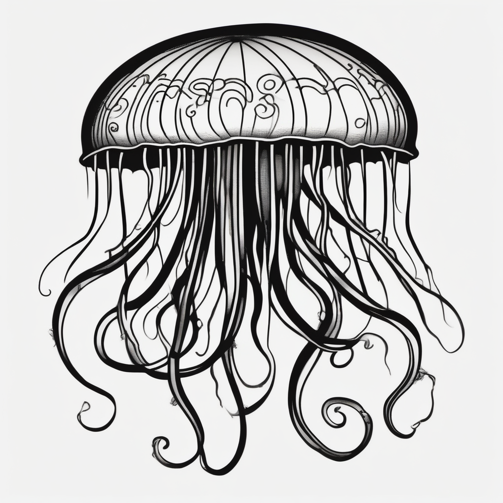 jellyfish with a small head and really long tentacles. Add clouds behind it like it’s floating in the sky, AI-generated Old School tattoo design