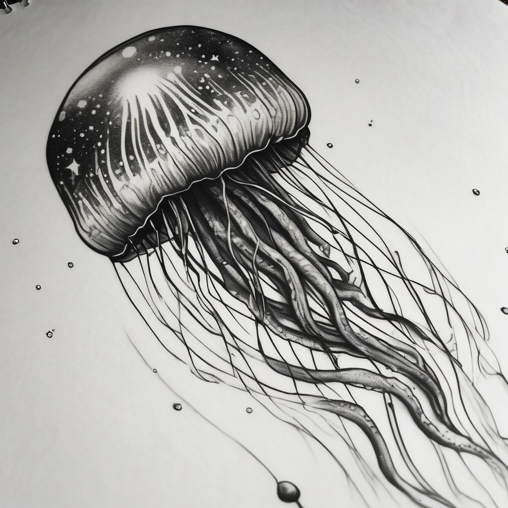 Jellyfish that consumes everything it encounters and send it to the void. It has the milky way in its bell, diseño de tatuaje Realista generado con IA