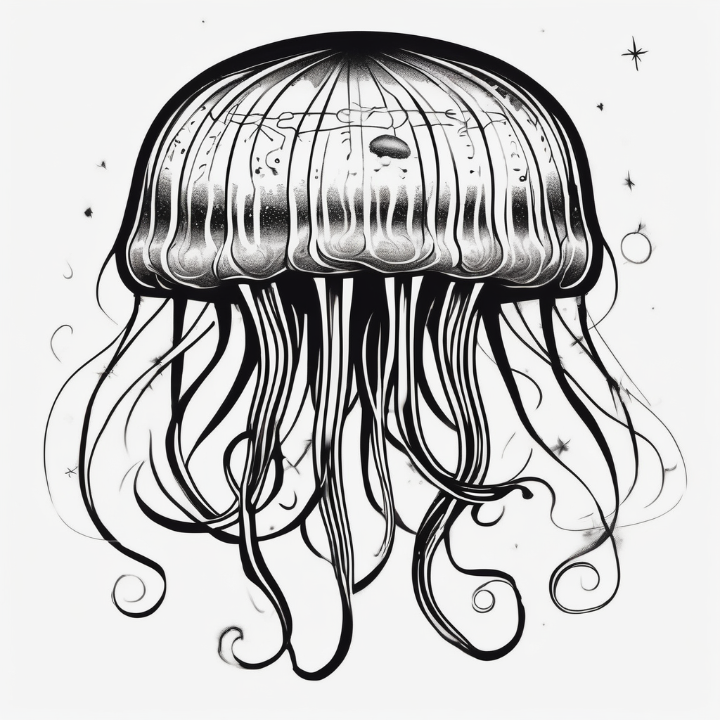 Jellyfish that consumes everything it encounters and send it to the void. It has the milky way in its bell, AI-generated Old School tattoo design