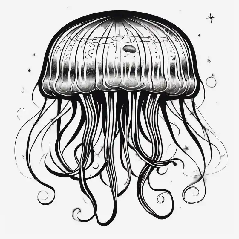Jellyfish that consumes everything it encounters and send it to the void. It has the milky way in its bell – Old School, Black and white