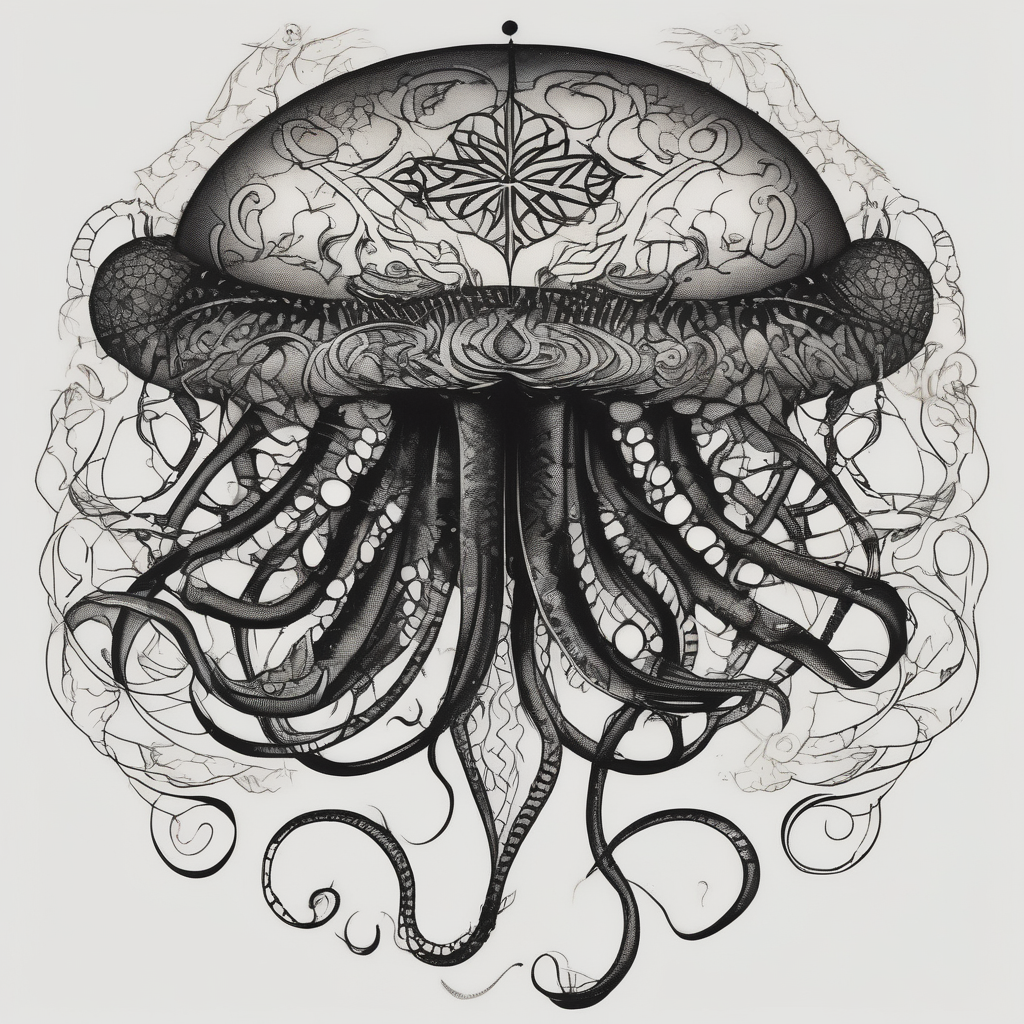 jellyfish with a small head and really long tentacles. Add clouds behind it like it’s floating in the sky, AI-generated Blackwork tattoo design