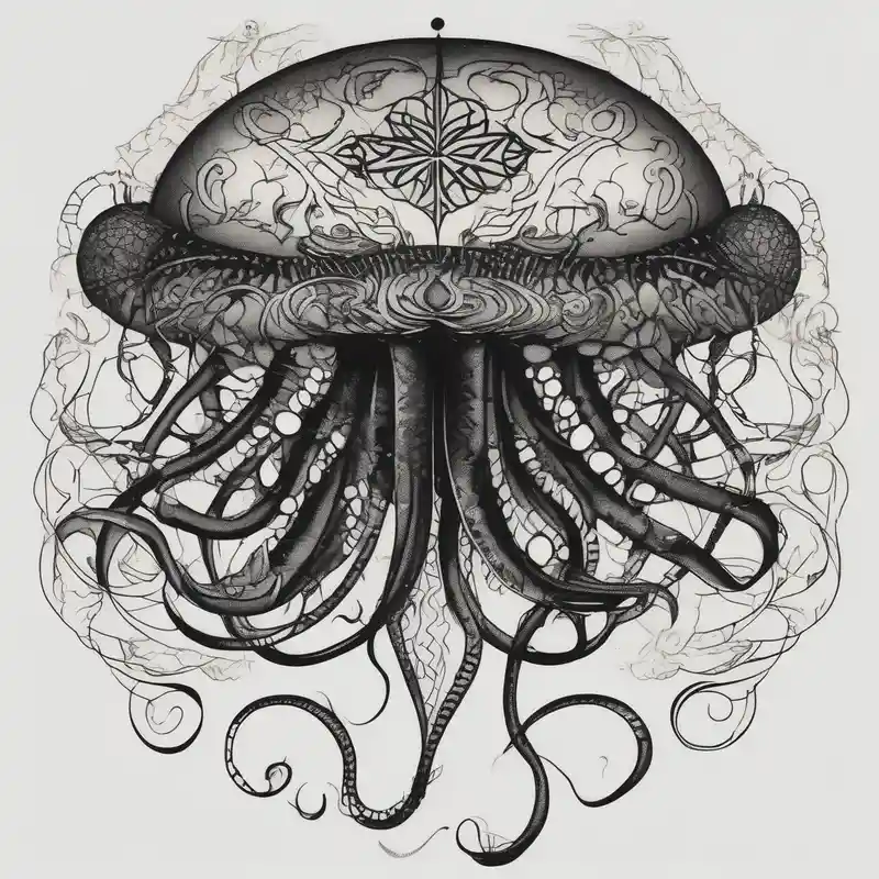 jellyfish with a small head and really long tentacles. Add clouds behind it like it’s floating in the sky – Blackwork, Black and white