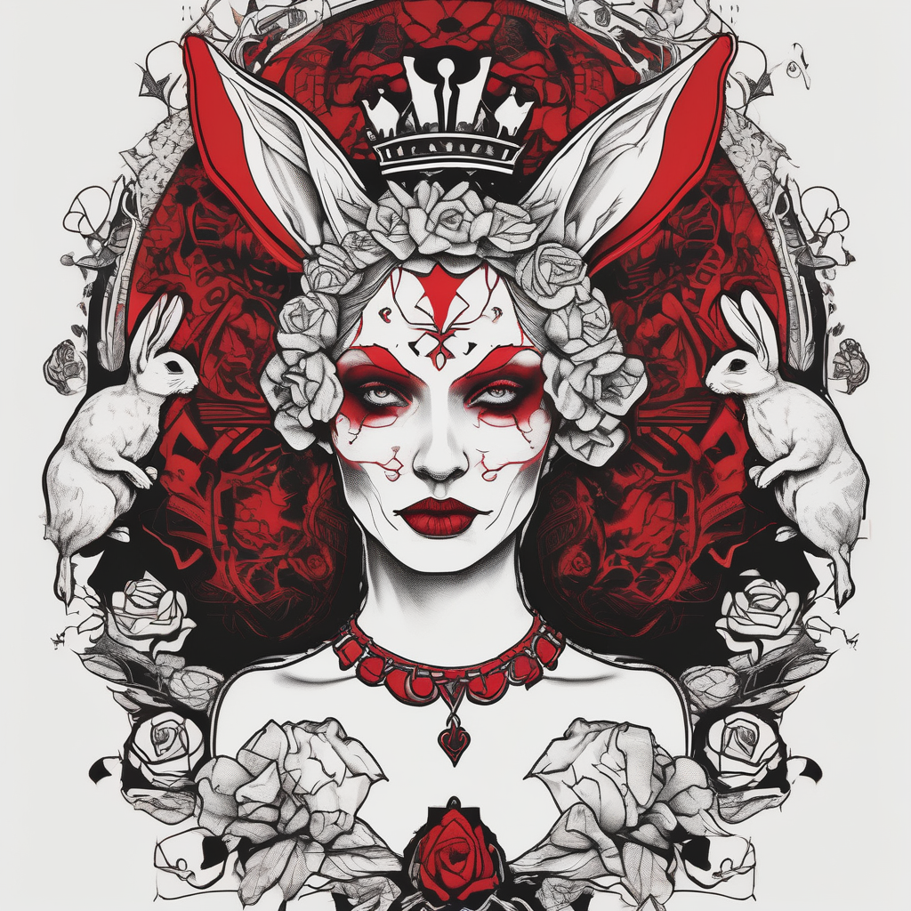Red queen dead rabbit fairtale king-and-queen, diseño de tatuaje Blackwork generado con IA