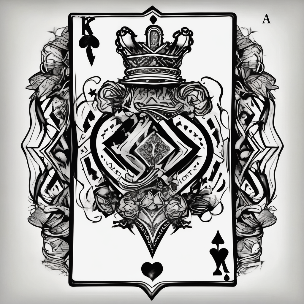Only Two cards, king of hearts with the K in the middle of the card and hearts in the corners and the Ace of spades behind it with the A in the corner peeking from behind the king of hearts card king-and-queen, diseño de tatuaje Blanco y negro generado con IA