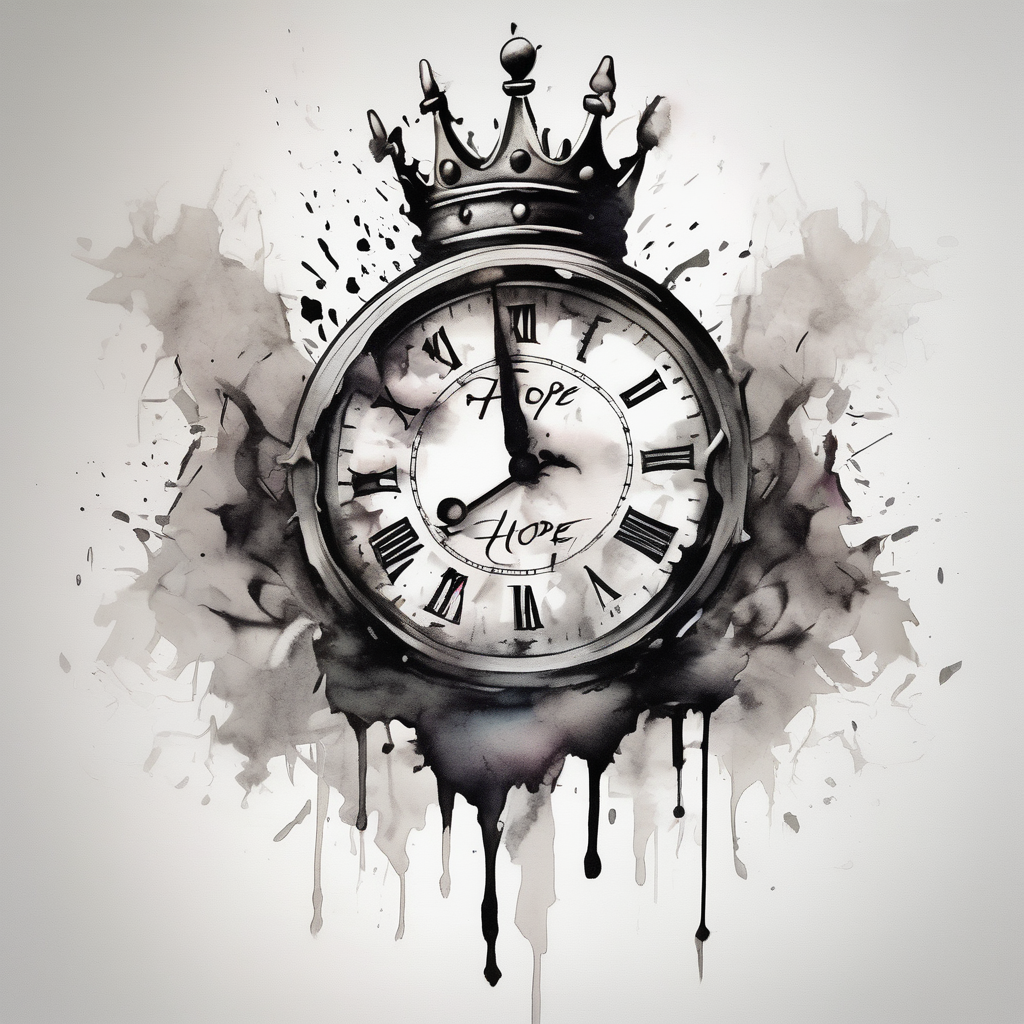Broken clock with king crown lettering HOPE king-and-queen, diseño de tatuaje Acuarela generado con IA