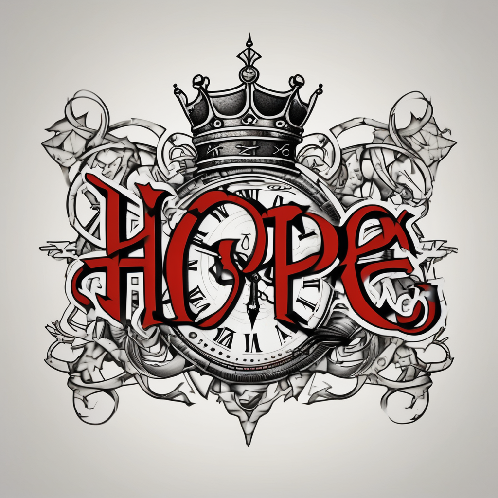 HOPE lettering, broken clock, king crown incorporated within letters king-and-queen, diseño de tatuaje Old school generado con IA