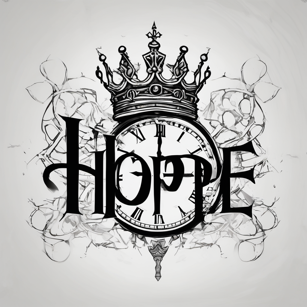 HOPE lettering, broken clock, king crown incorporated within letters king-and-queen, diseño de tatuaje Boceto generado con IA