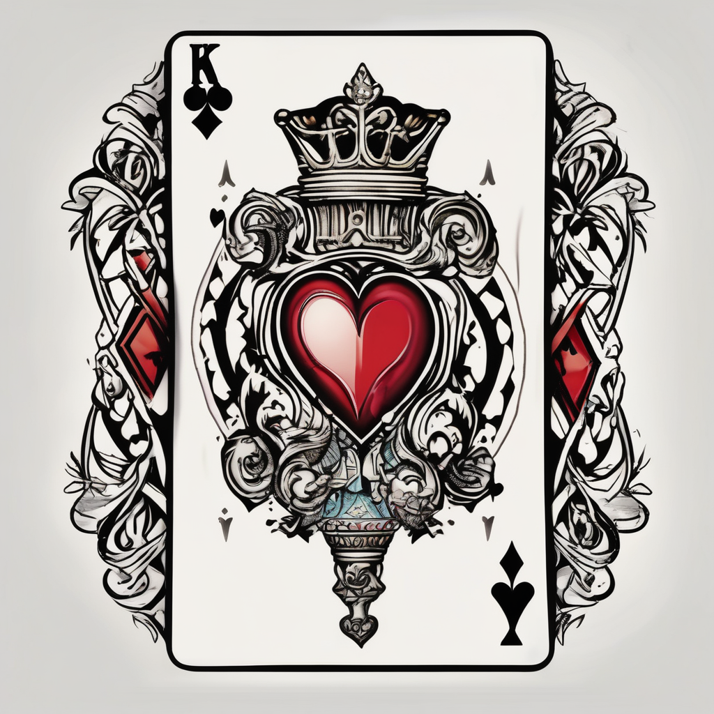 Only Two cards, king of hearts with the K in the middle of the card and hearts in the corners and the Ace of spades behind it with the A in the corner peeking from behind the king of hearts card king-and-queen, diseño de tatuaje Realista generado con IA