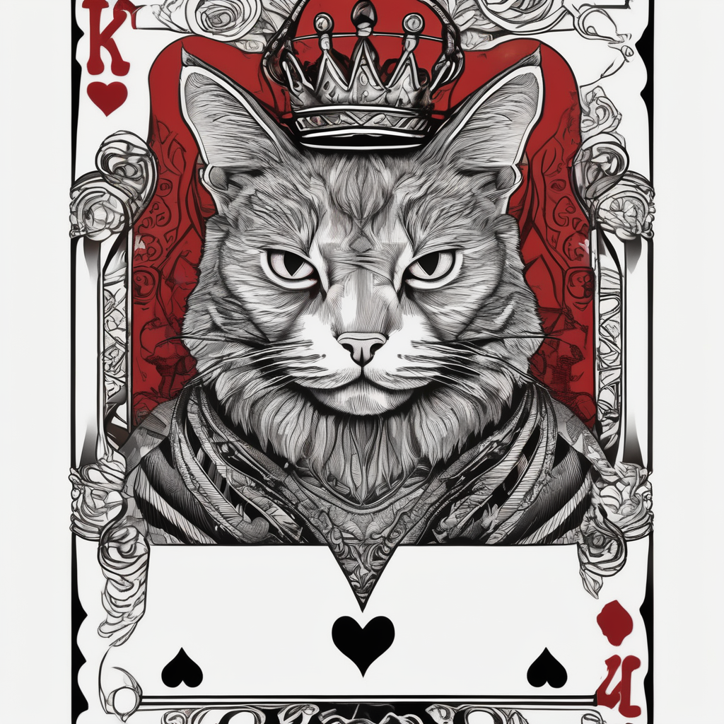 Put a cat on a playing card, king of hearts. Make the cat the king of hearts king-and-queen, diseño de tatuaje Realista generado con IA