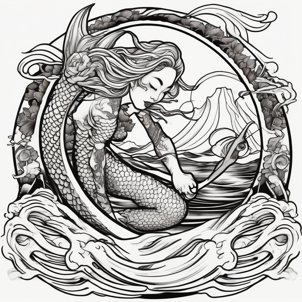 Lake, mermaid, surfing, fishing koi-fish, AI-generated Japanese tattoo design