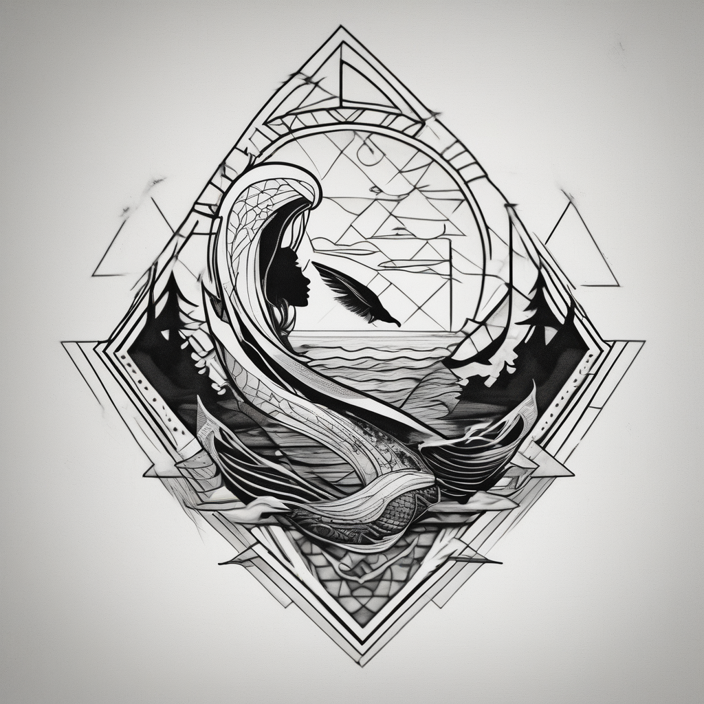 Lake, mermaid, surfing, fishing koi-fish, AI-generated Geometric tattoo design