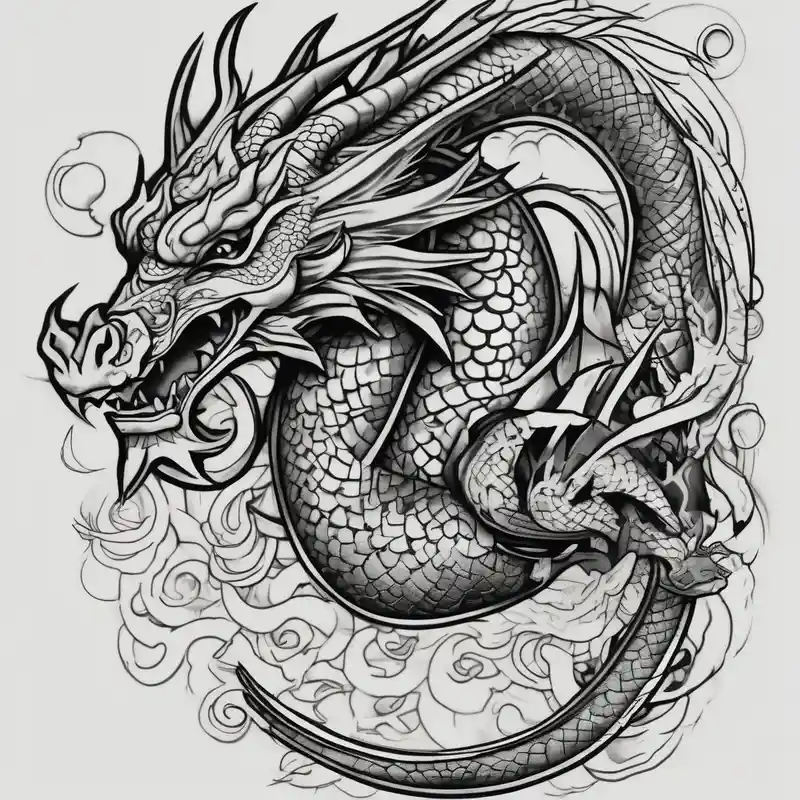 Dragon polynesian, water, koi, half sleeve, cross – Blackwork, Black and white