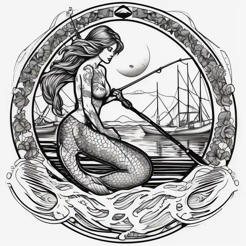 Lake, mermaid, surfing, fishing – Blackwork, Black and white