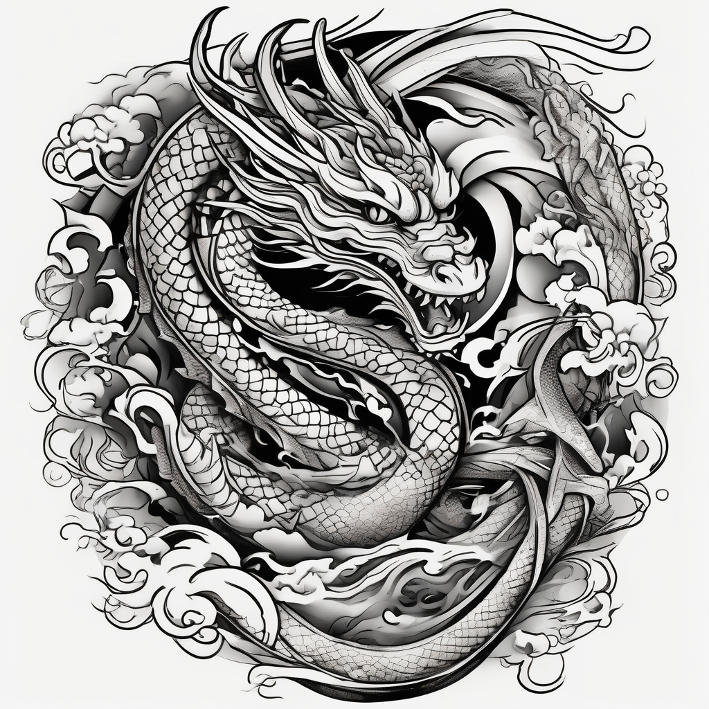Dragon polynesian, water, koi, half sleeve, cross koi-fish, AI-generated Japanese tattoo design