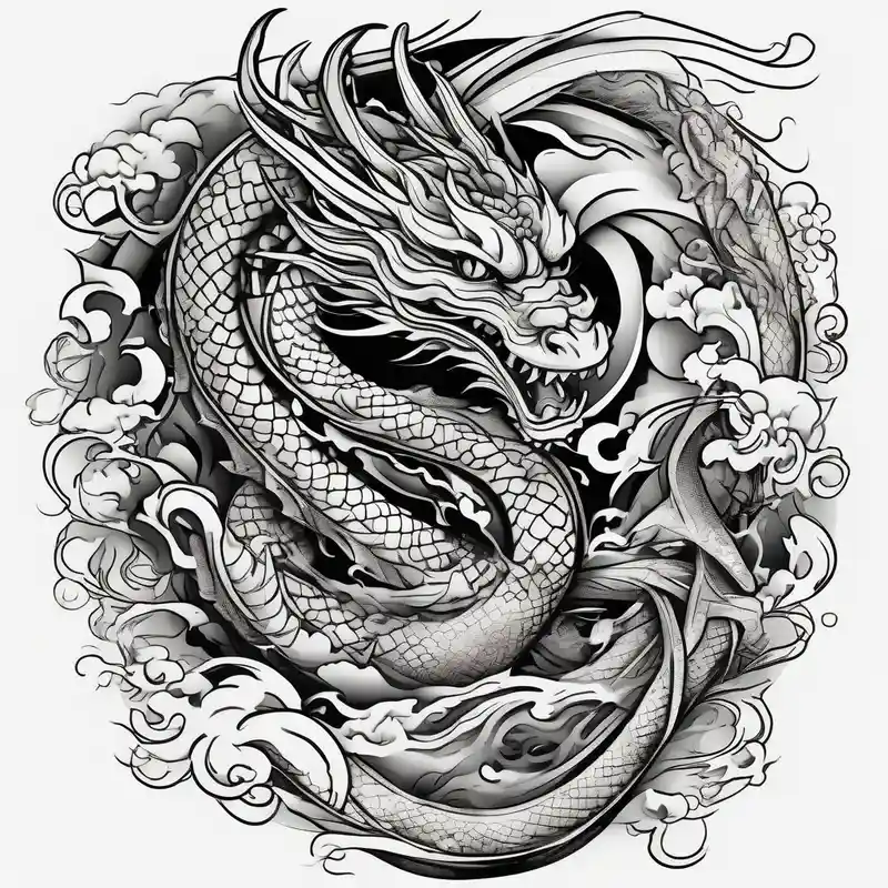 Dragon polynesian, water, koi, half sleeve, cross – Japanese, Vibrant color