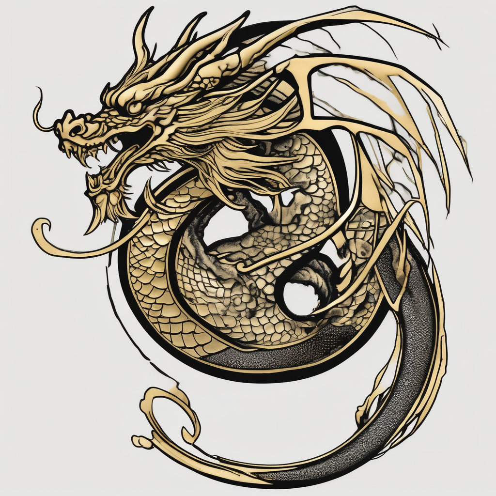 I want a dragon tattoo In gold and black for the story of koi fish tattoo koi-fish, diseño de tatuaje Japonés generado con IA