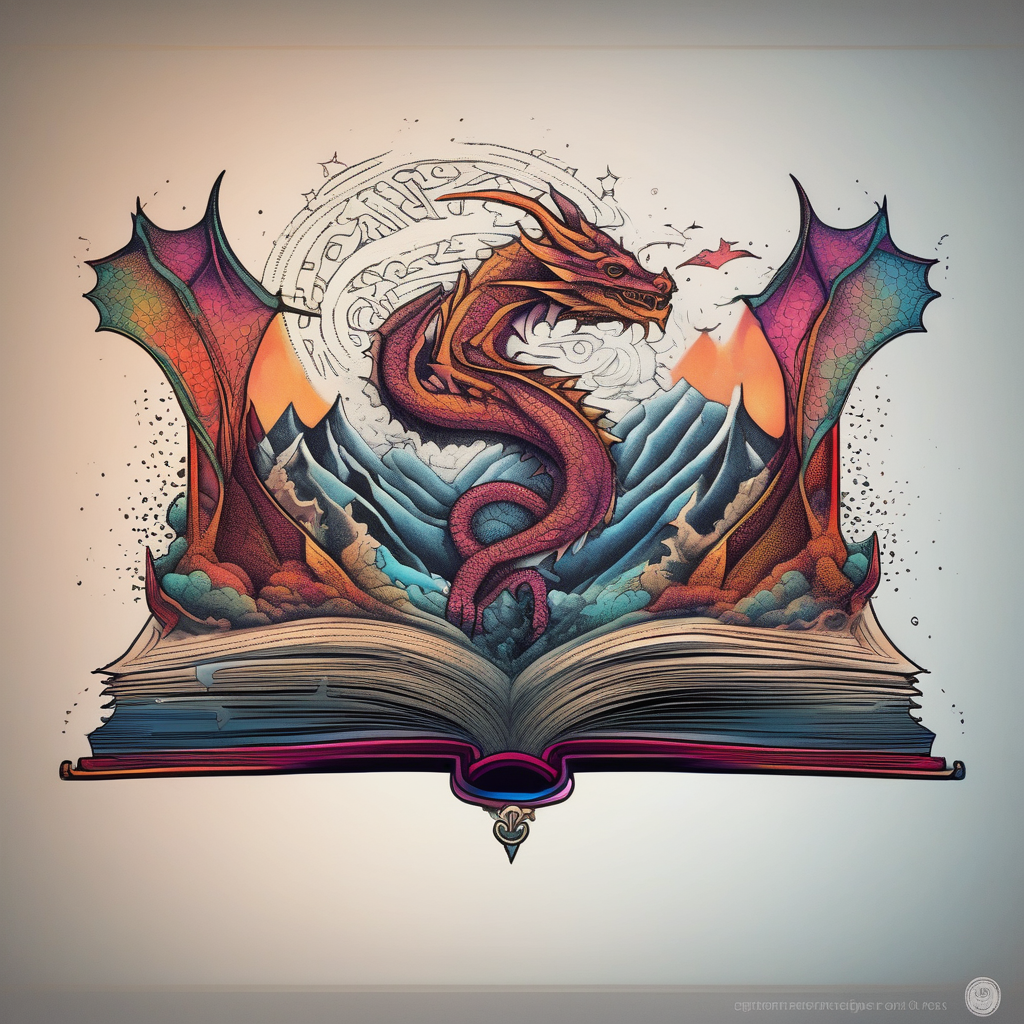 An open magic book. a tiny dragon with four legs flying in the sky. three mountains coming out of the book leg-ideas, design de tatouage Dotwork généré par IA