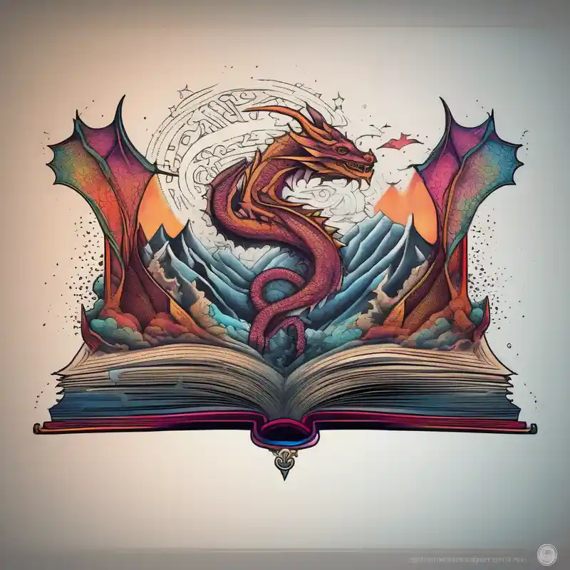 An open magic book. a tiny dragon with four legs flying in the sky. three mountains coming out of the book – Dotwork, Couleurs vives