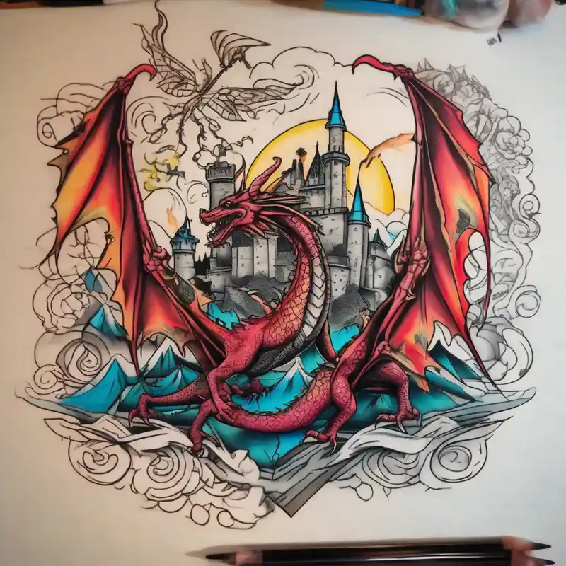 an open fairy book. a dragon with scales and four legs flying in the sky. a castle. three mountain peaks – Croquis, Couleurs vives