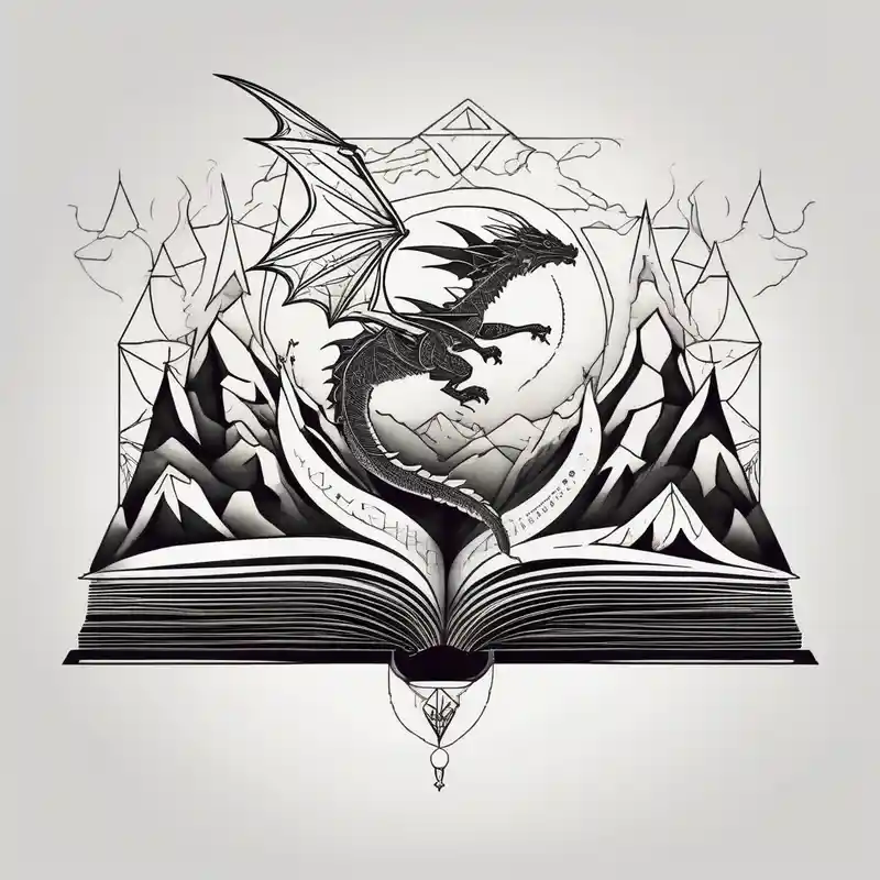 An open magic book fluttering pages. a tiny dragon with four legs flying in the sky. three mountains coming out of the book – Géométrique, Couleurs vives
