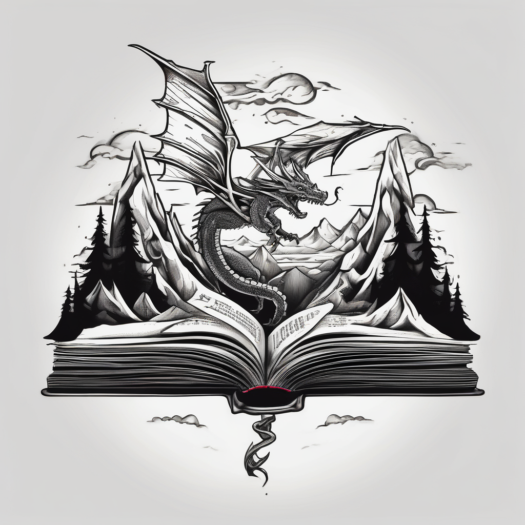 An open magic book fluttering pages. a tiny dragon with four legs flying in the sky. three mountains coming out of the book leg-ideas(AIが生成した白黒スタイルのタトゥーデザイン)