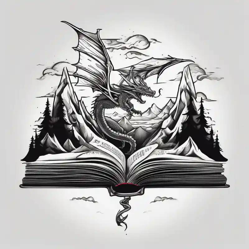An open magic book fluttering pages. a tiny dragon with four legs flying in the sky. three mountains coming out of the book