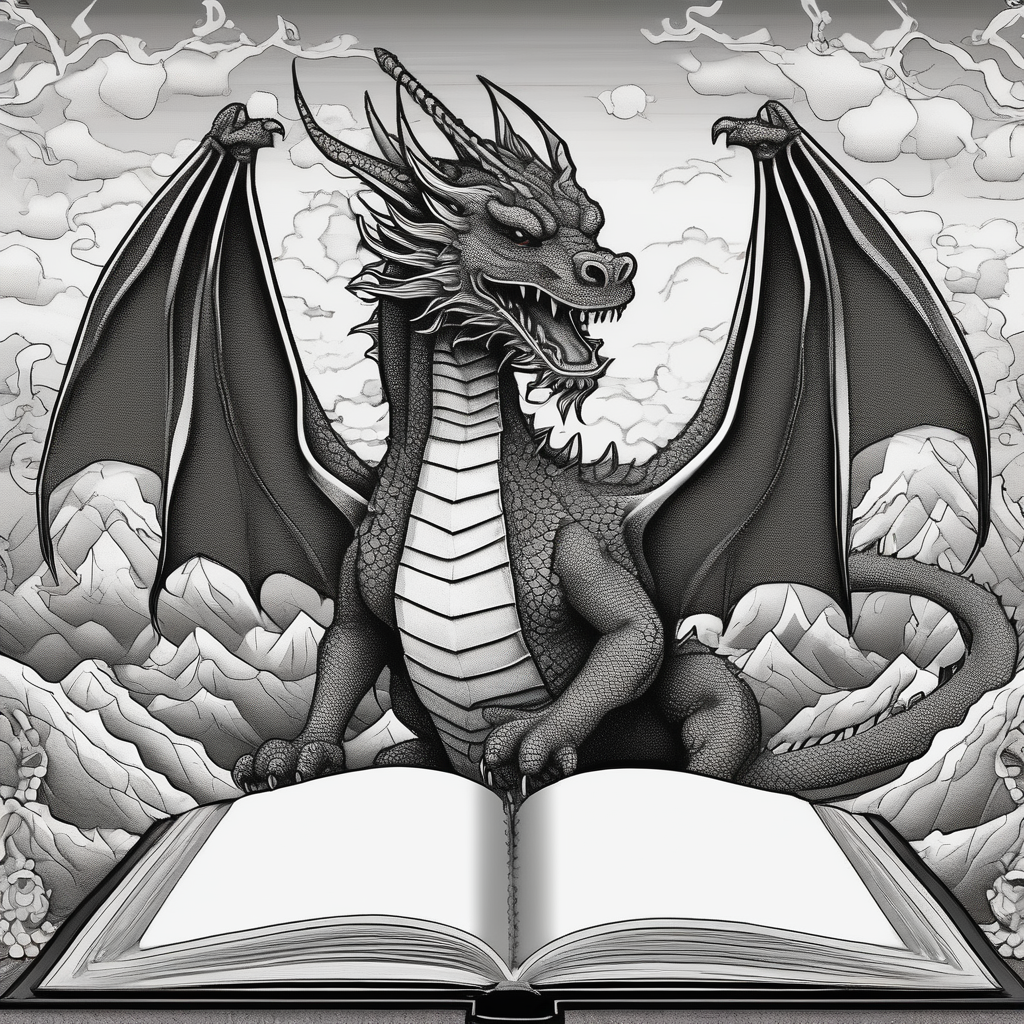 an open fantasy book. a flying dragon with scales and four legs. a castle. three mountain peaks leg-ideas, design de tatouage Dotwork généré par IA
