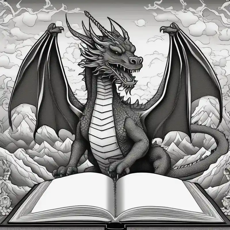 an open fantasy book. a flying dragon with scales and four legs. a castle. three mountain peaks