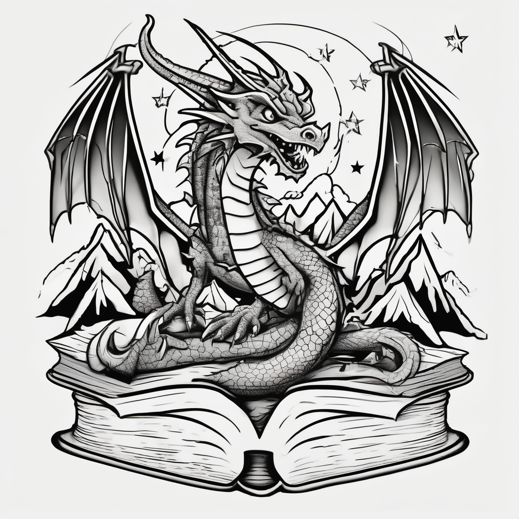 an open fairy fantasy book. a flying dragon with scales and four legs. a sword. Three stars with three mountain peaks leg-ideas, design de tatouage Cartoon généré par IA