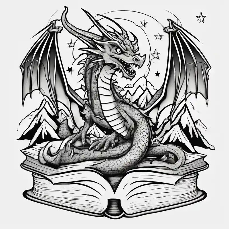 an open fairy fantasy book. a flying dragon with scales and four legs. a sword. Three stars with three mountain peaks – Cartoon, Couleurs vives