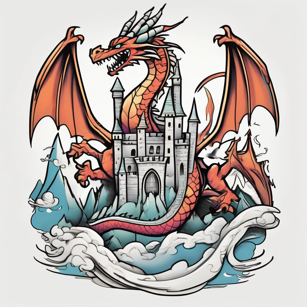 an open fantasy book. a flying dragon with scales and four legs. a castle. three mountain peaks leg-ideas, design de tatouage Cartoon généré par IA