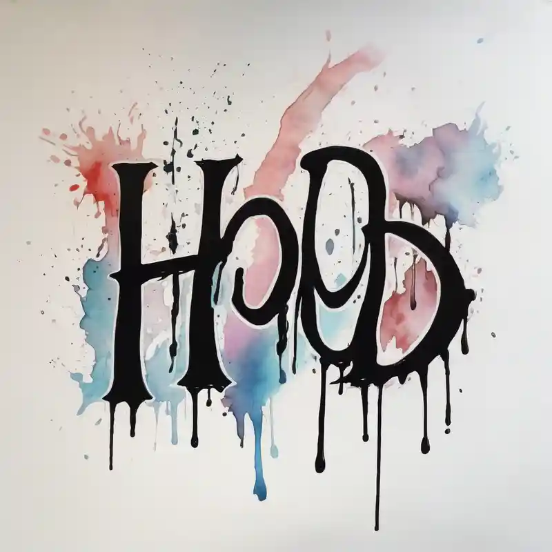 "Hood" on right leg and "Shop" on left
