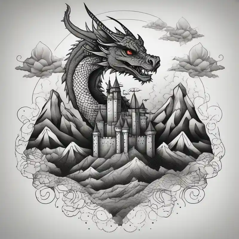 an open fairy book. a dragon with scales and four legs flying in the sky. a castle. three mountain peaks