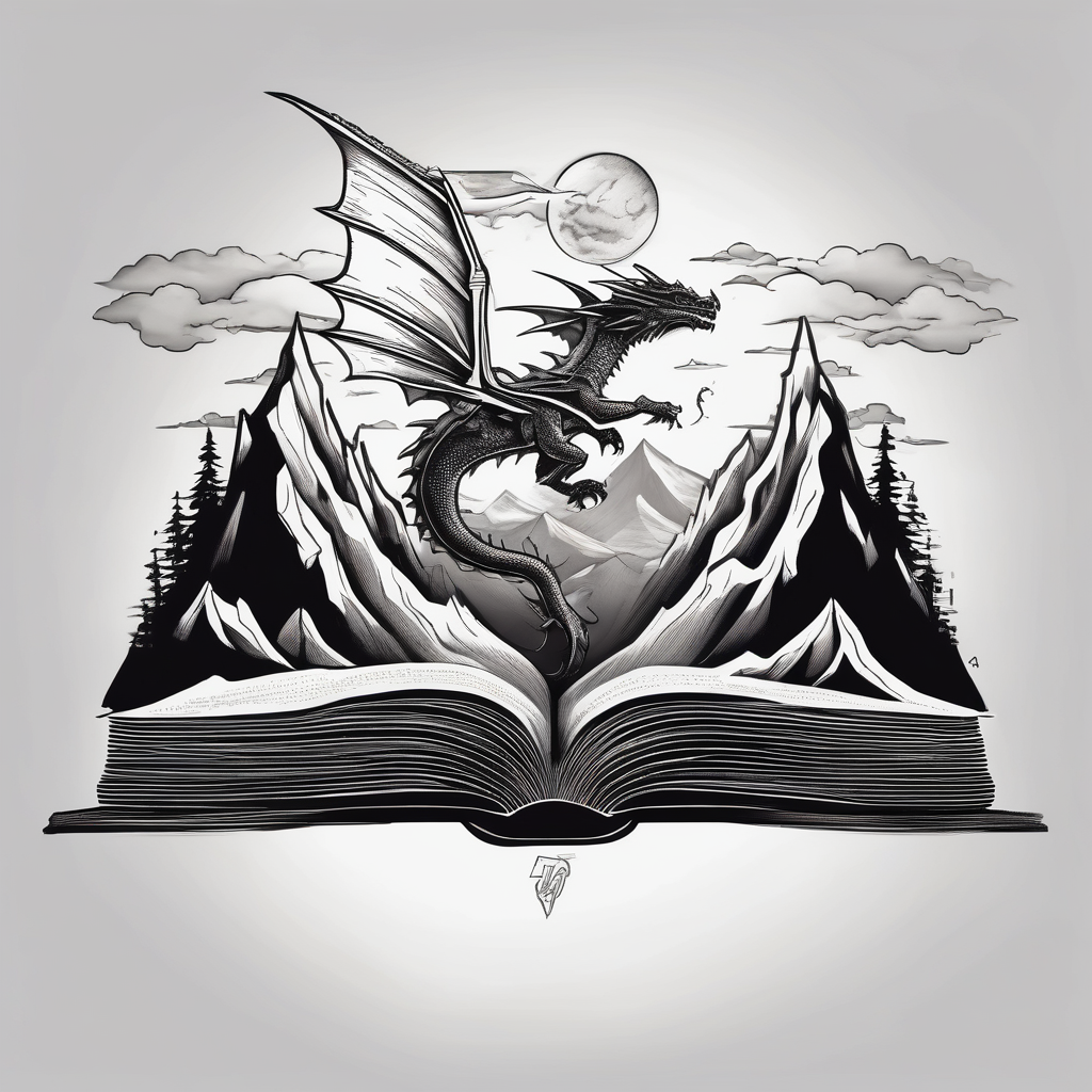 An open magic book. a tiny dragon with four legs flying in the sky. three mountains coming out of the book leg-ideas(AIが生成した白黒スタイルのタトゥーデザイン)
