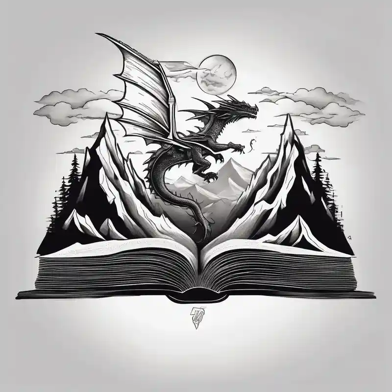An open magic book. a tiny dragon with four legs flying in the sky. three mountains coming out of the book