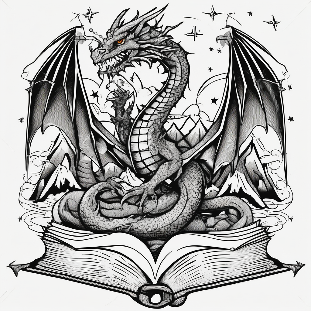 an open fairy fantasy book. a flying dragon with scales and four legs. a sword. Three stars with three mountain peaks leg-ideas, design de tatouage Noir et blanc généré par IA