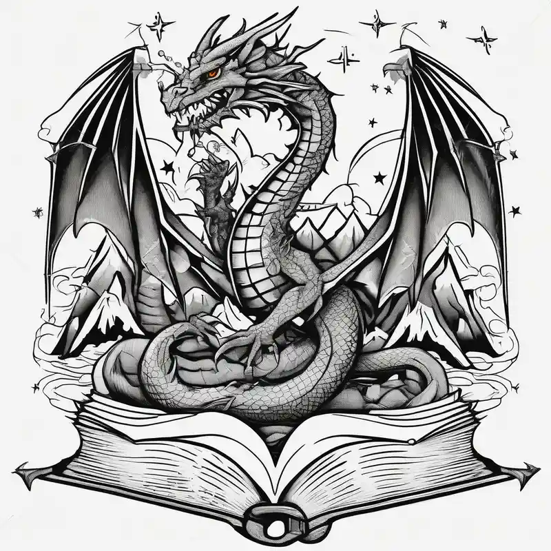 an open fairy fantasy book. a flying dragon with scales and four legs. a sword. Three stars with three mountain peaks