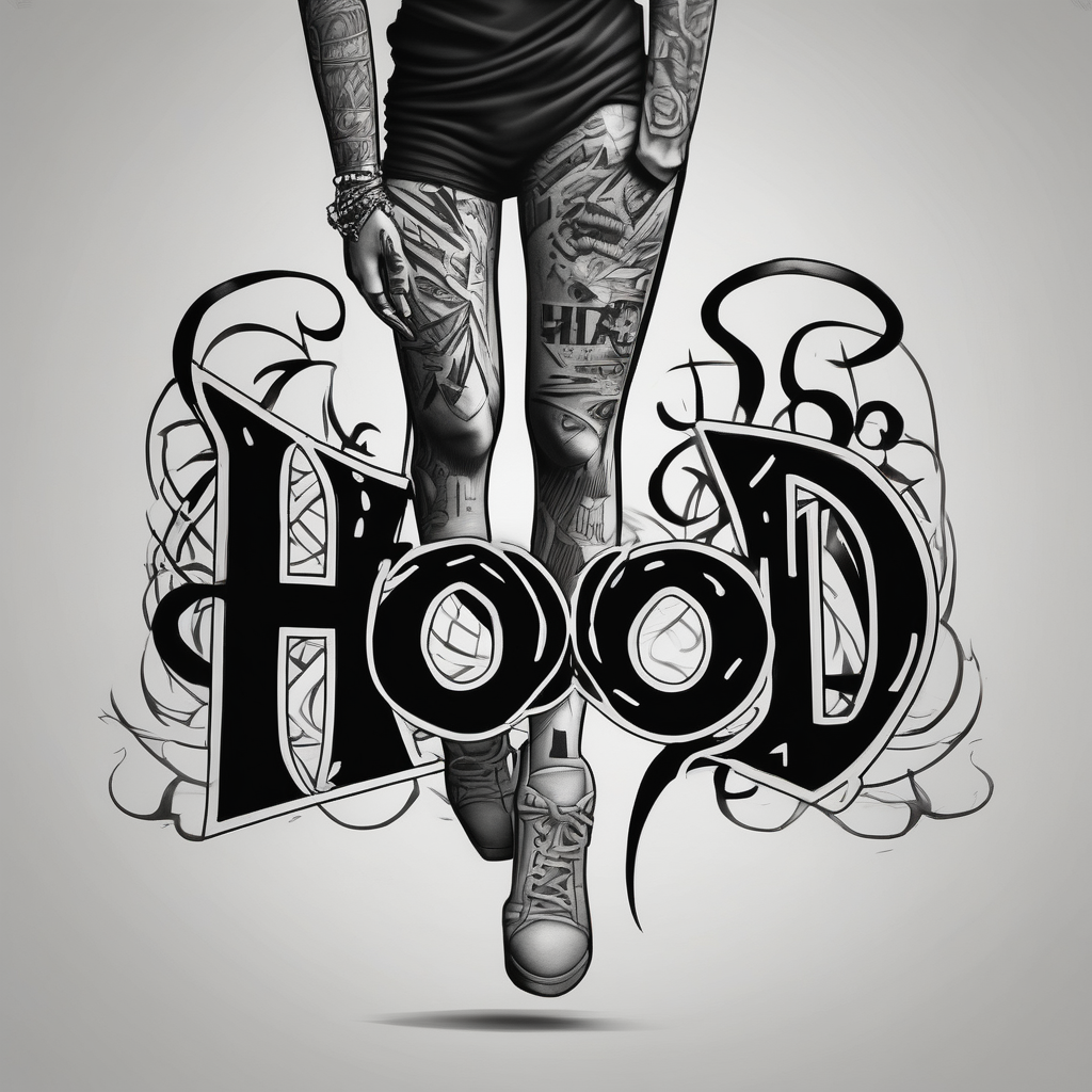 "Hood" on right leg and "Shop" on left leg-ideas, AI-generated Black and White tattoo design