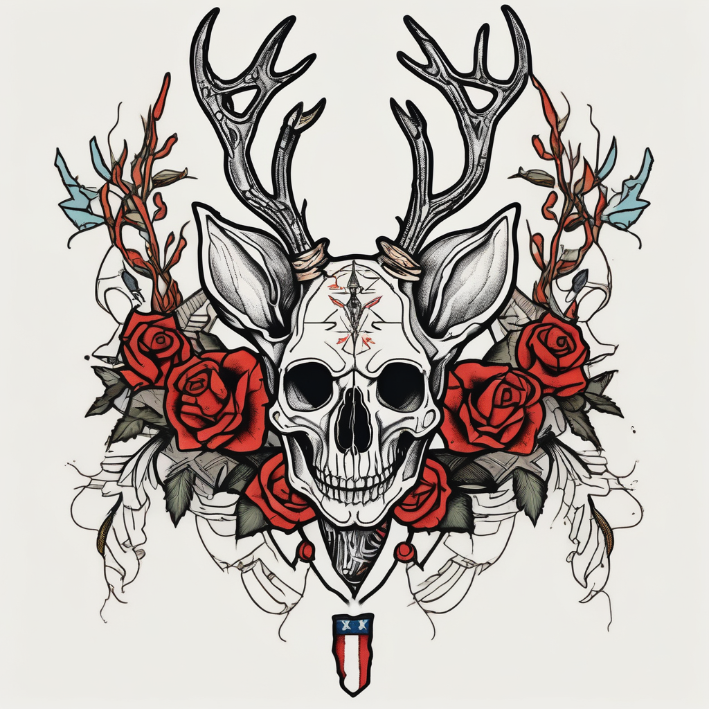 A human with two legs and with a deer skull head leg-men, design de tatouage Old school généré par IA