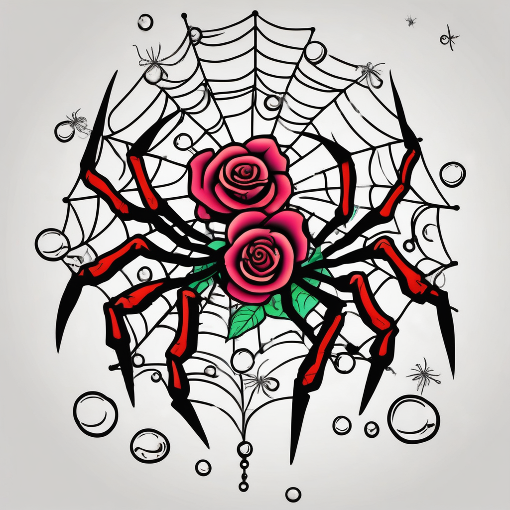 Spiders with long legs, rose with bubbles & tramp stars leg-men, AI-generated Cartoon tattoo design