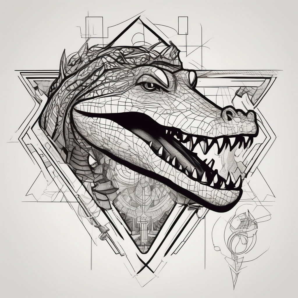 Alligator head with woman’s legs sticking out of mouth and a bikini top stuck on its teeth leg-men, diseño de tatuaje Geométrico generado con IA