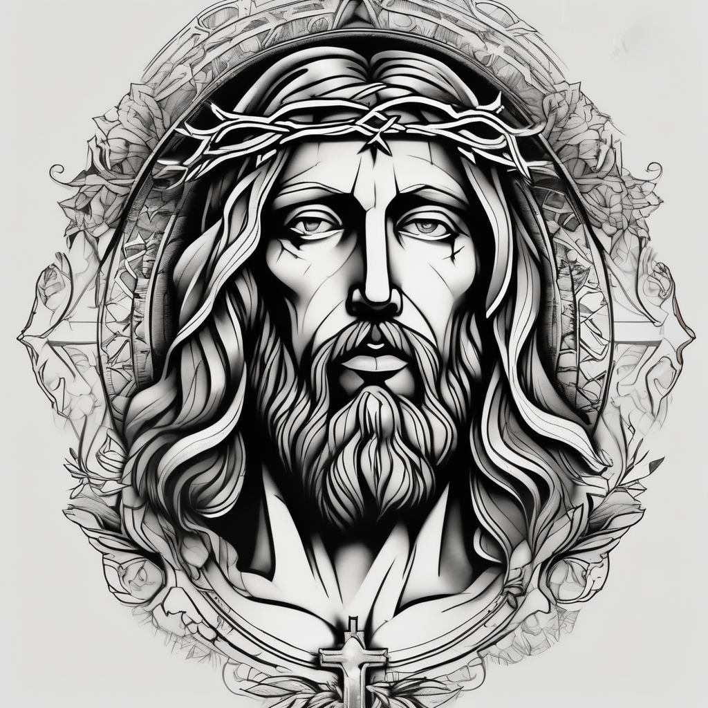 Looking to do a cover up on my ankle and cover my Lower leg. Thinking a Jesus theme tattoo leg-men, AI-generated Realistic tattoo design
