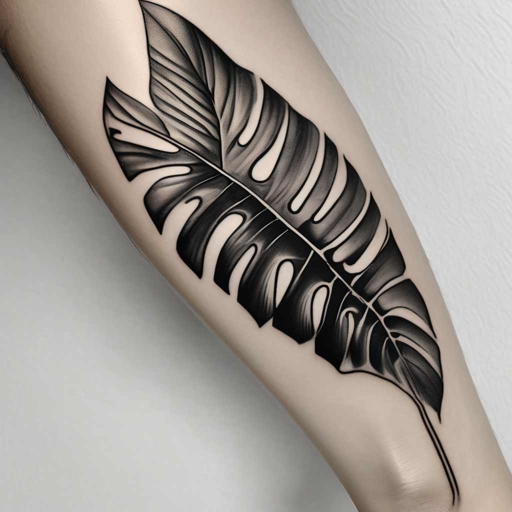 Abstract but realistic monstera leaf tattoo to go on the right leg on the outside of the leg next to the shin with a stem going down behind the ankle leg-men, design de tatouage Japonais généré par IA