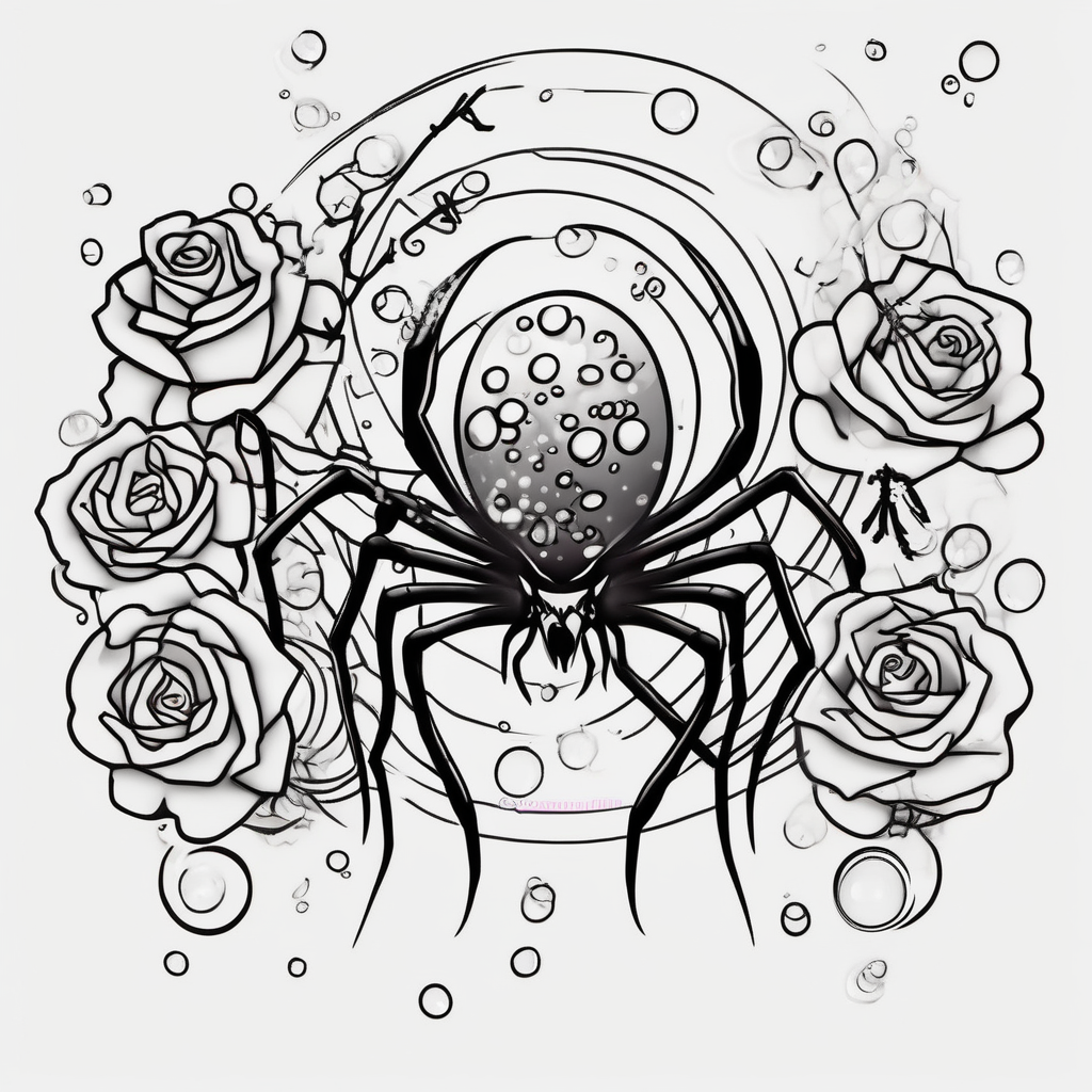 Skinny Spiders with long legs, rose with bubbles & tramp stars leg-men, AI-generated Cartoon tattoo design