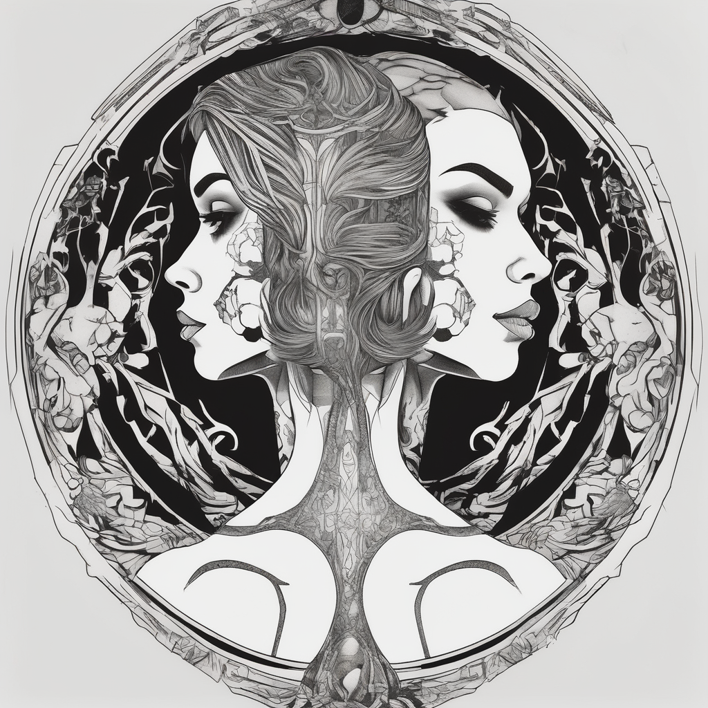 Transgender man looking in mirror from the back to a girl lower-back, design de tatouage Blackwork généré par IA