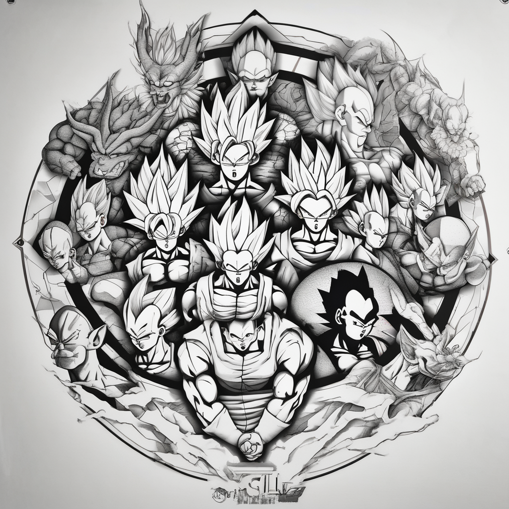 Back tattoo, Dragon ball z, dragon ball, goku, vegeta, gogeta, frieza, cell, gohan, trunks, buu lower-back, AI-generated Geometric tattoo design
