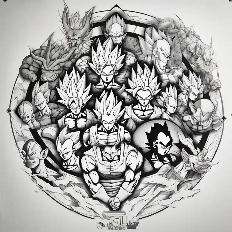 Back tattoo, Dragon ball z, dragon ball, goku, vegeta, gogeta, frieza, cell, gohan, trunks, buu – Geométrico, Blanco y negro