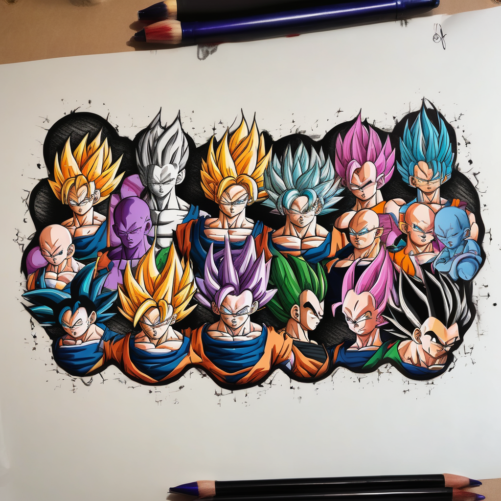 Back tattoo, Dragon ball z, dragon ball, goku, vegeta, gogeta, frieza, cell, gohan, trunks, buu lower-back, AI-generated Blackwork tattoo design